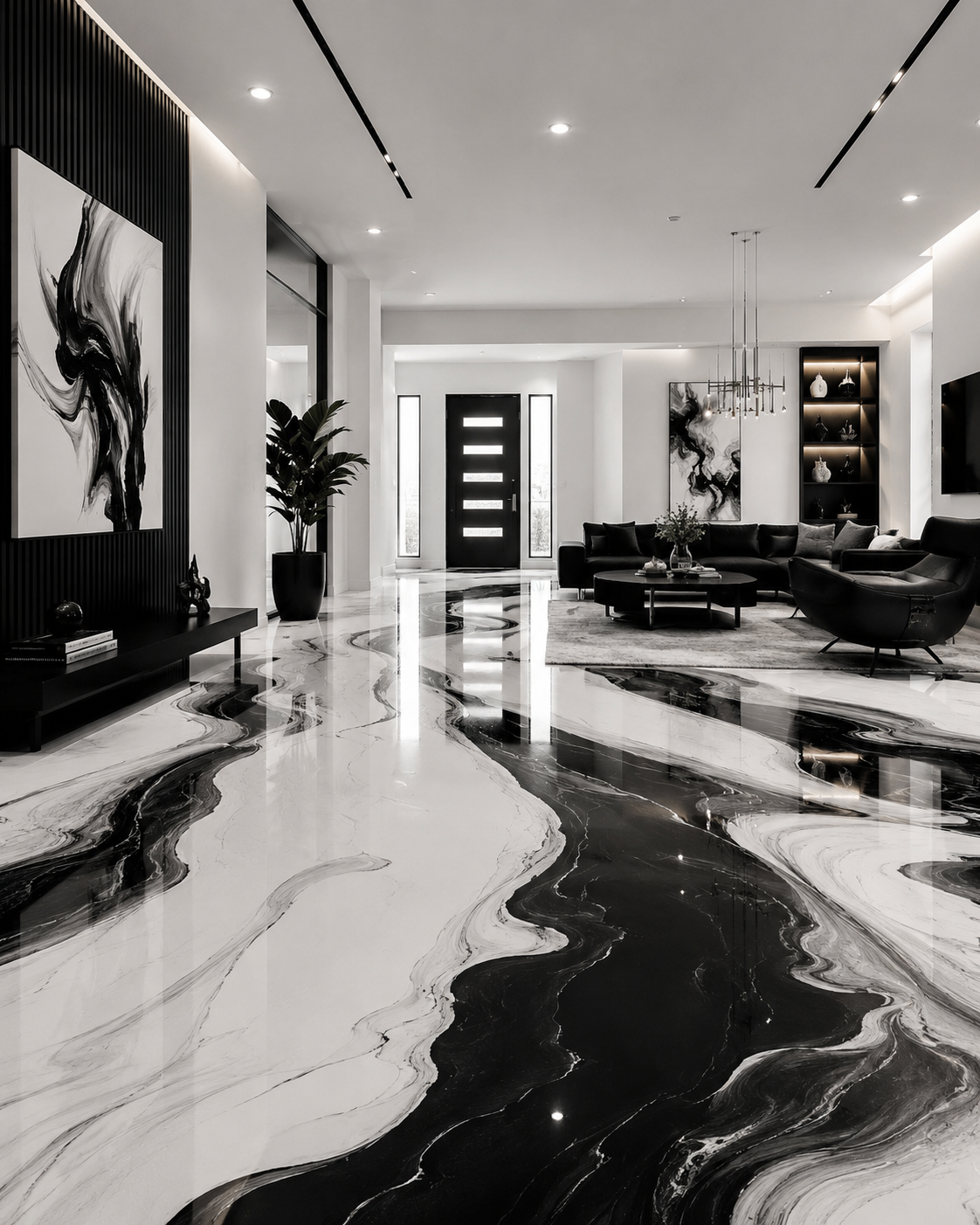 Interior con piso epóxico efecto mármol blanco y negro
