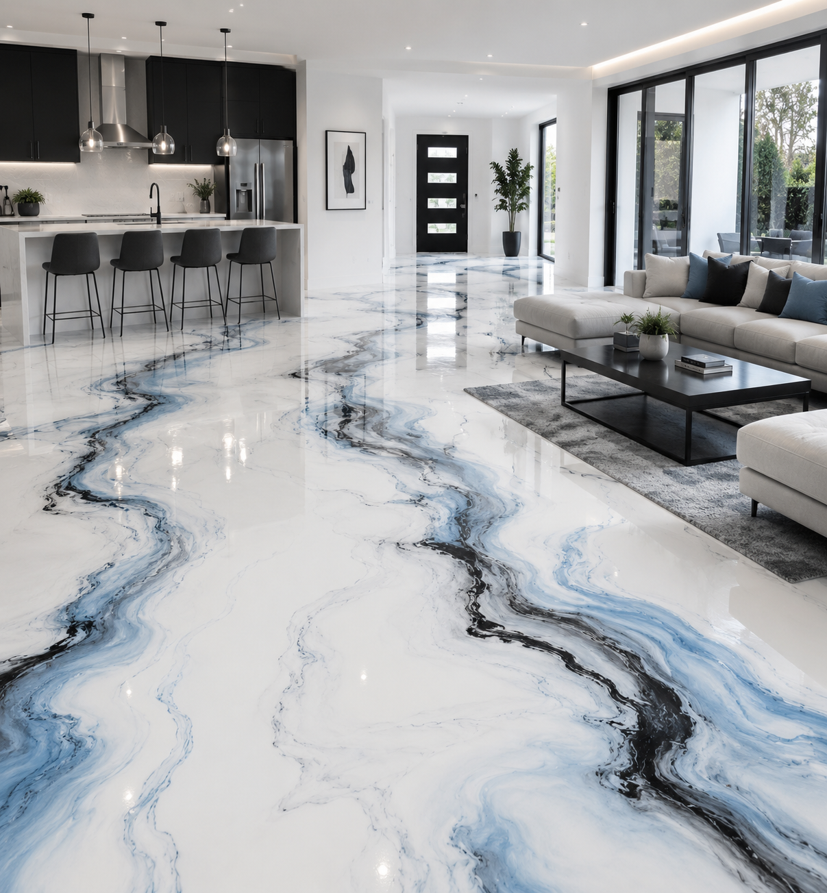 Interior con piso epóxico efecto mármol azul