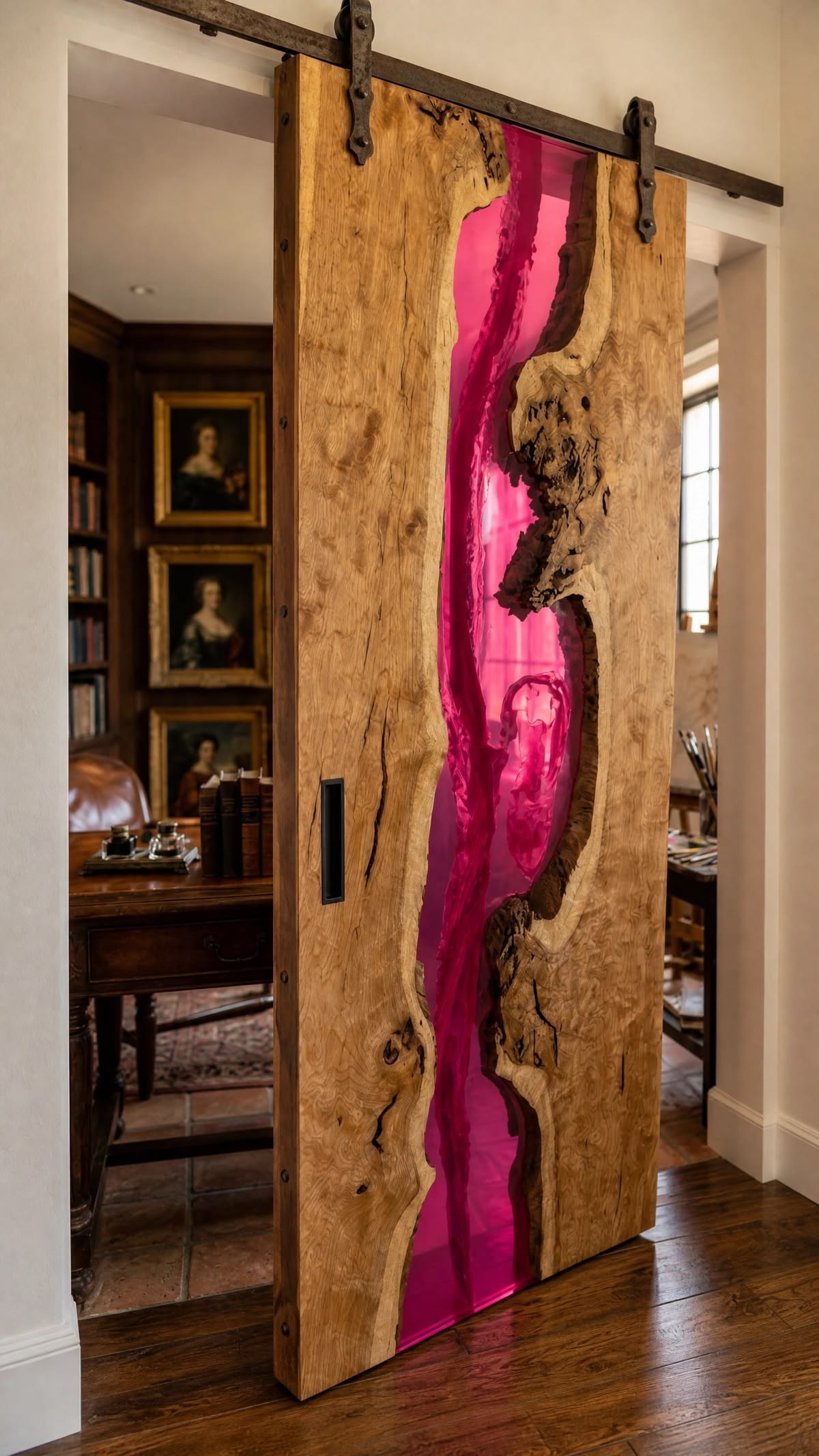 Puerta corredera de madera natural y resina epoxi rosa