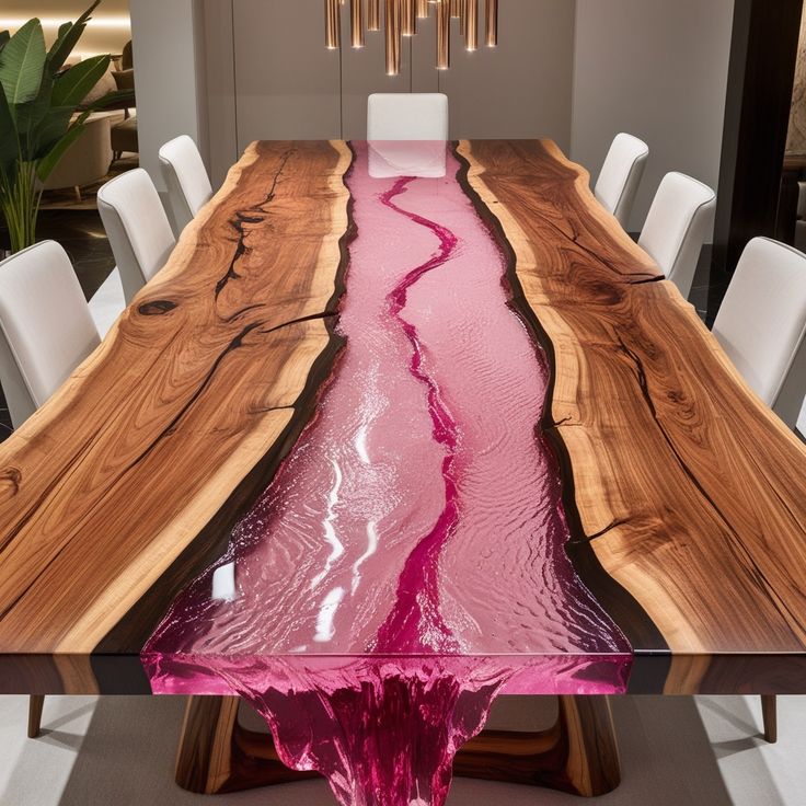 Mesa río de madera y resina rosa